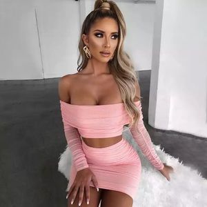 Forest Chic Pleated Bodycon Skirt Set Pink